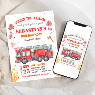 Invitación de cumpleaños infantil de bomberos con