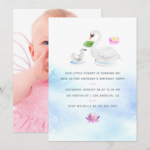 invitación de cumpleaños infantil de cisne acuarel