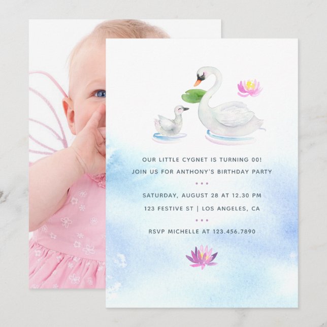 invitación de cumpleaños infantil de cisne acuarel (Anverso / Reverso)