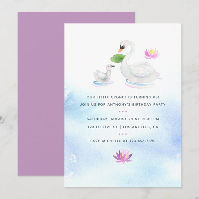 Invitación de cumpleaños infantil de cisne en acua (Anverso / Reverso)