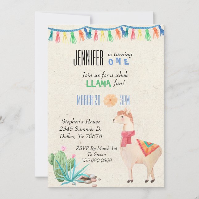 Invitación de Cumpleaños Infantil de Llama Alpaca (Anverso)