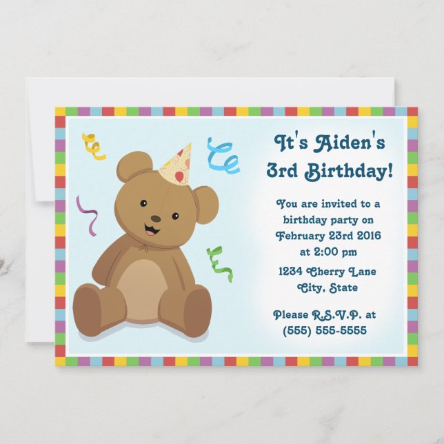 Invitación de cumpleaños infantil de osito de pelu (Anverso)