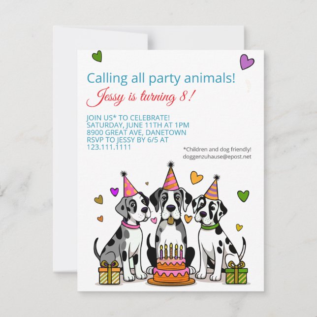Invitación de cumpleaños infantil Gran Danés cacho (Reverso)