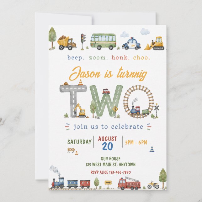 Invitación de cumpleaños infantil para transporte  (Anverso)
