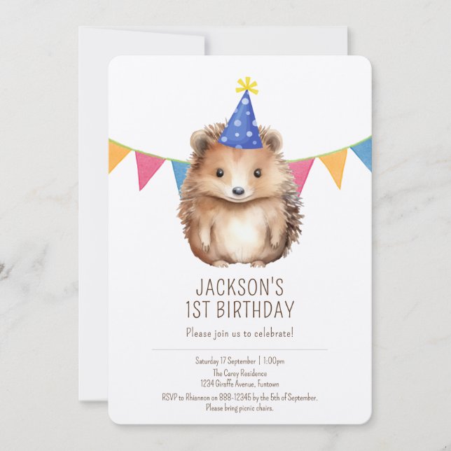 Invitación de cumpleaños infantil Premium, erizo l (Anverso)