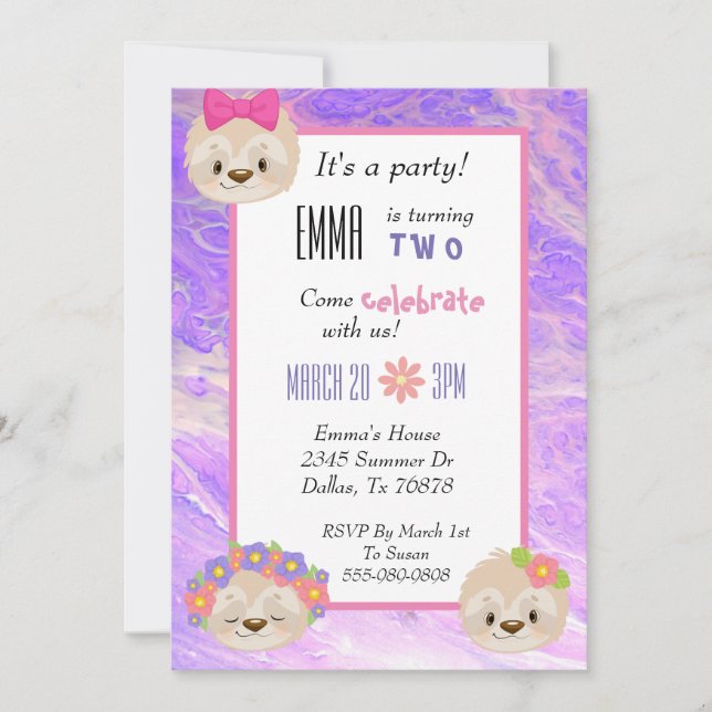 Invitación de cumpleaños infantil rosa púrpura de  (Anverso)