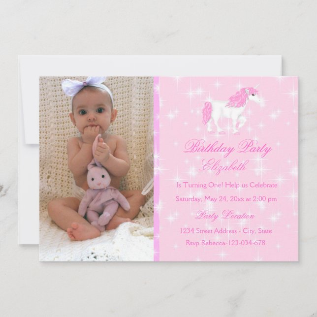 Invitación de cumpleaños infantil Unicornio Rosa (Anverso)