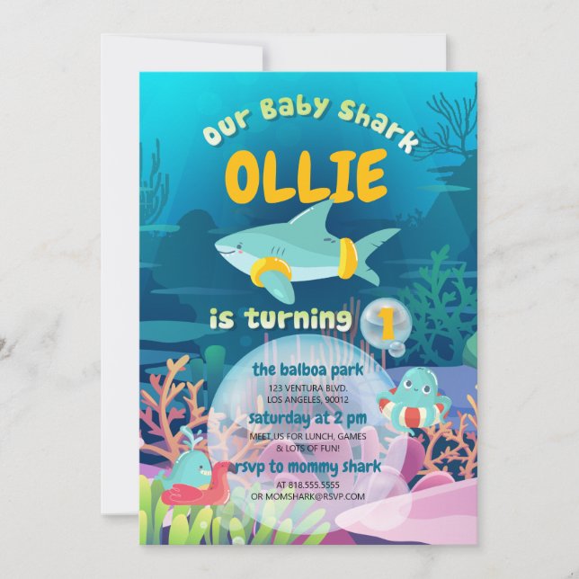 Invitación de cumpleaños inicial de Baby Shark (Anverso)