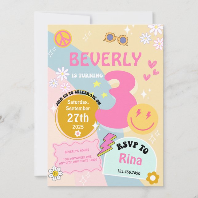 Invitación de cumpleaños joven, salvaje y de tres  (Anverso)