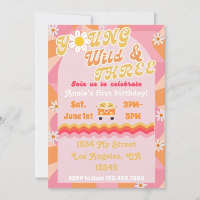 Invitación de cumpleaños joven, salvaje y de tres  (Anverso)