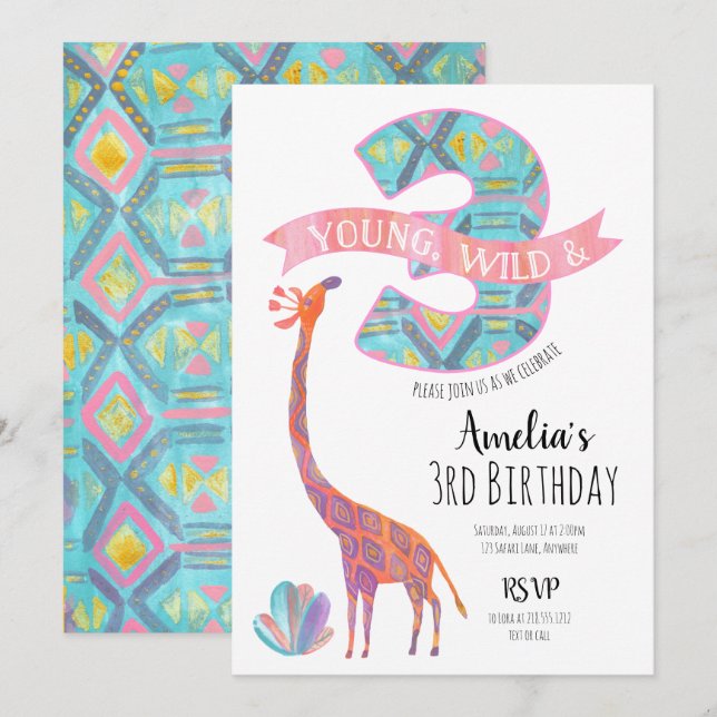 Invitación de cumpleaños joven salvaje y tres (Anverso / Reverso)