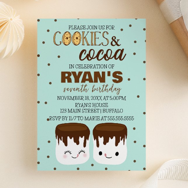 Invitación de cumpleaños Kawaii de galletas y caca (Cookies and Cocoa | Winter Hot Chocolate Themed | Kawaii Marshmallows Birthday Party Invitation)