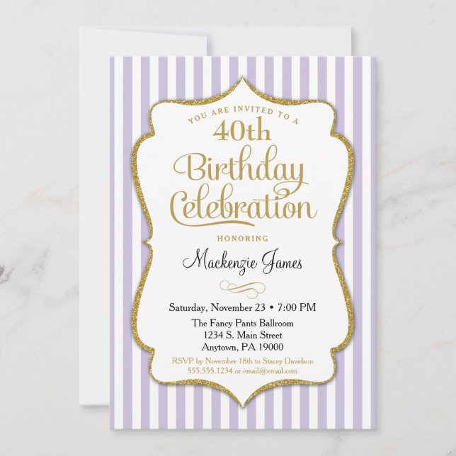 Invitación de cumpleaños Lavender Lilac Gold Adole (Anverso)