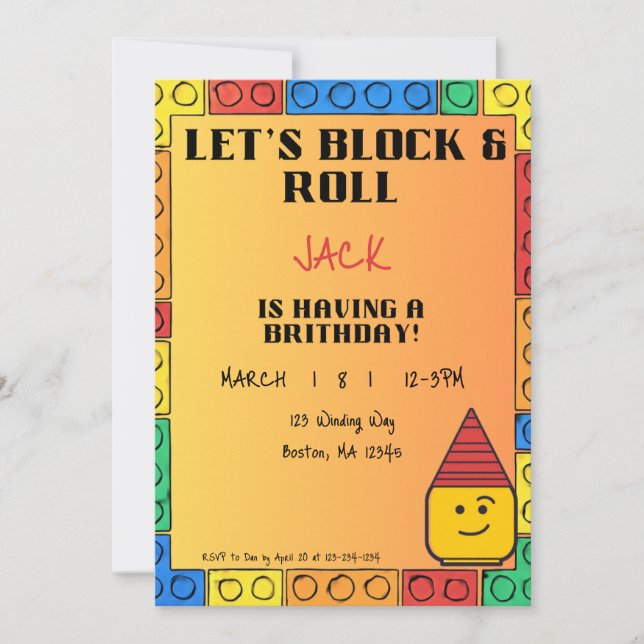 Invitación de cumpleaños Let's Block & Roll (Anverso)