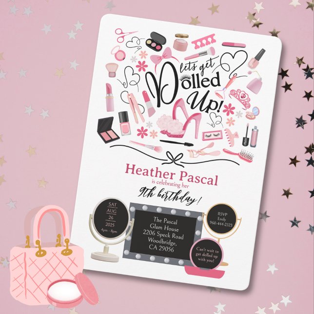 Invitación de cumpleaños Let's Get Dolled Up (Let's Get Dolled Up Birthday Invitation. A perfect invite for a glam, makeup or spa party.)