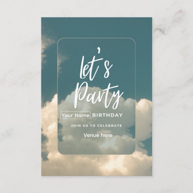 Invitación de cumpleaños "Let's Party" de Nubes So (Anverso)