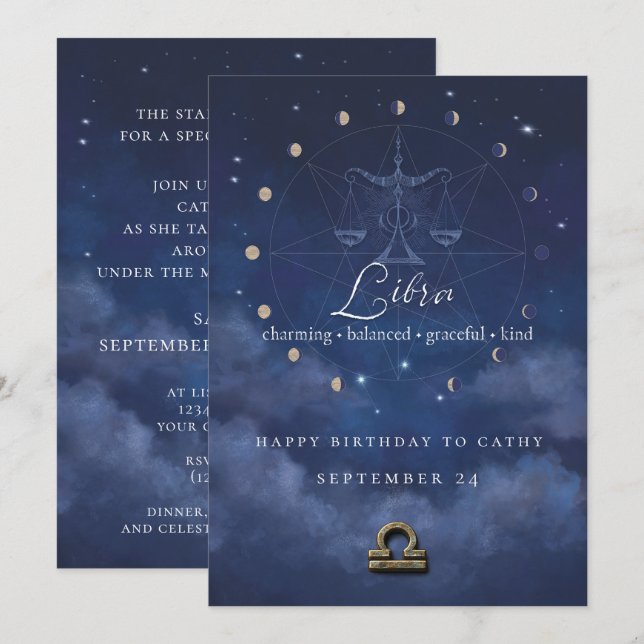 Invitación de cumpleaños Libra Zodiaco (Anverso / Reverso)
