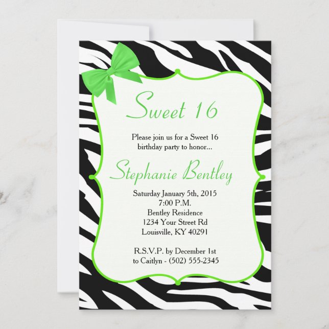 Invitación de cumpleaños Lime Bow y Zebra Sweet 16 (Anverso)