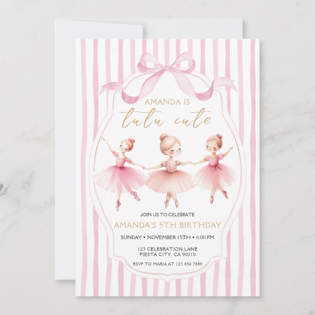 Invitación de cumpleaños linda tutú lazo rosa bail (Anverso)