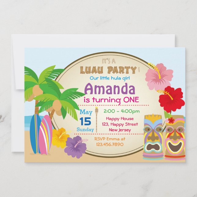 Invitación de cumpleaños Luau (Anverso)