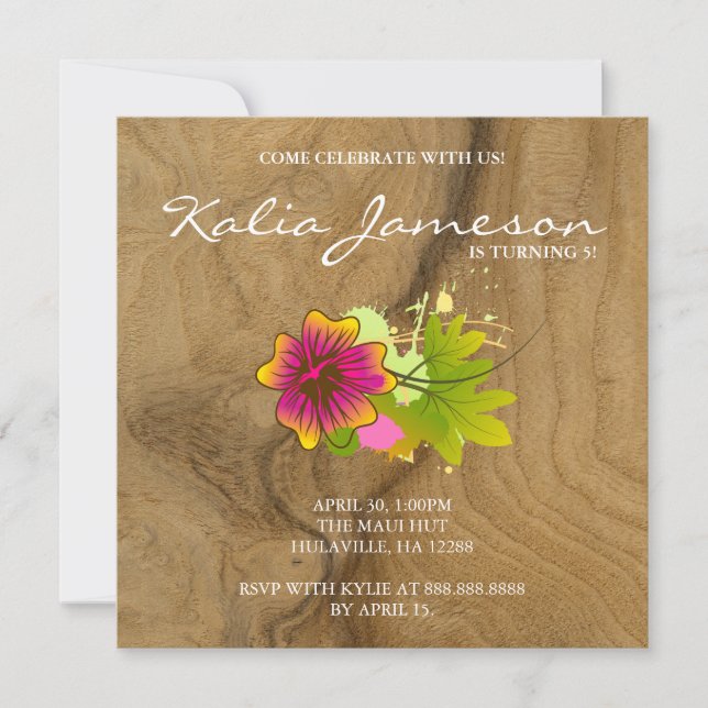 Invitación de cumpleaños Luau con flor de hibisco  (Anverso)