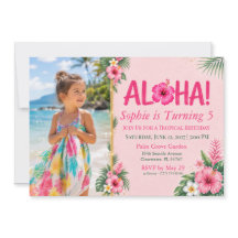 Invitación de cumpleaños Luau Foto Rosa Tropical F