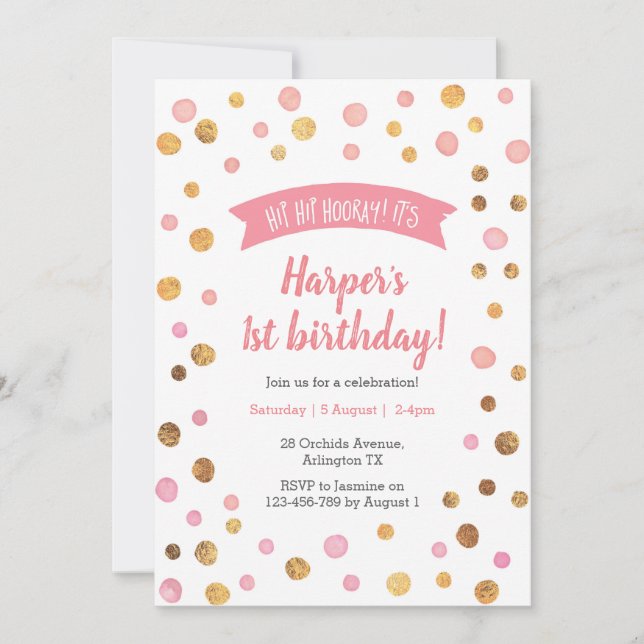 Invitación de cumpleaños | Lugares de confeti rosa (Anverso)