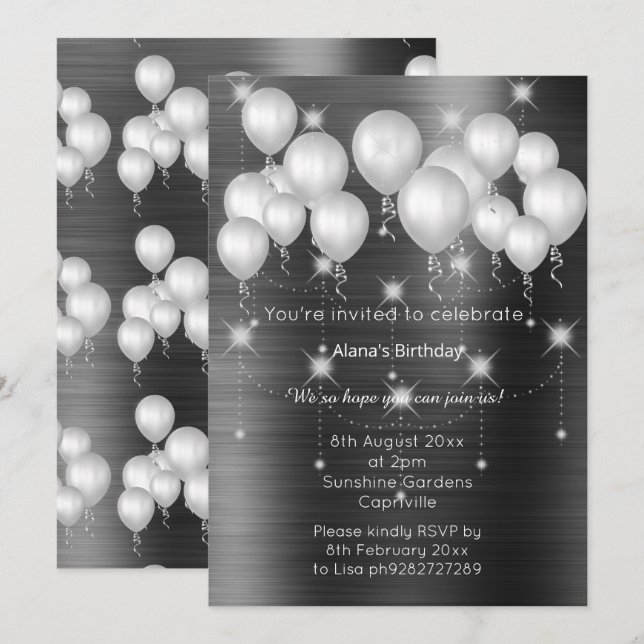INVITACIÓN DE CUMPLEAÑOS LUXE METALLIC BLACK BALLO (Anverso / Reverso)
