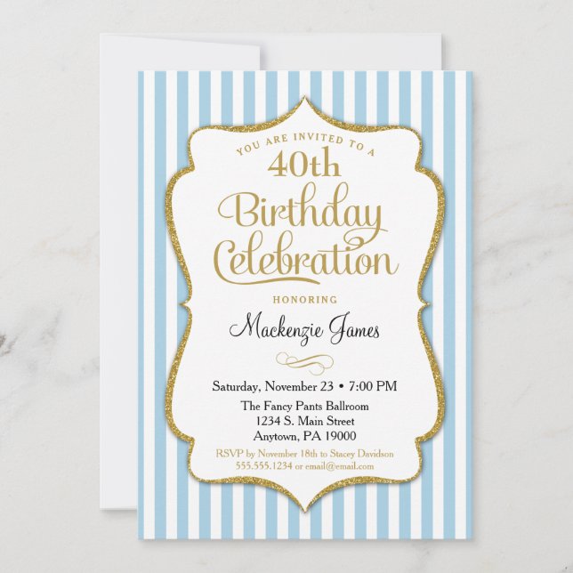 Invitación de cumpleaños Luz de oro azul Adulto ad (Anverso)