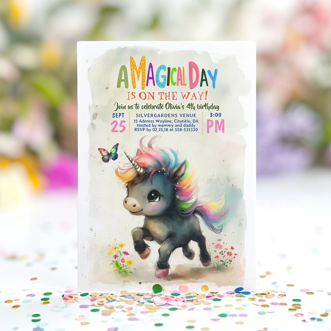 Invitación de cumpleaños mágica de Fiesta de unico (Black Unicorn Birthday Invitations)