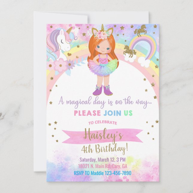 Invitación de cumpleaños mágica de niña con cabell (Anverso)