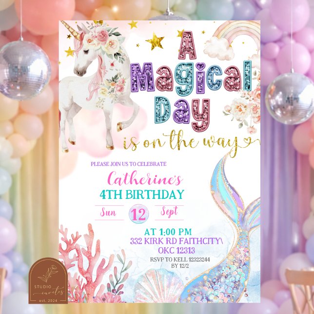 invitación de cumpleaños mágica de sirenas y unico (Subido por el creador)