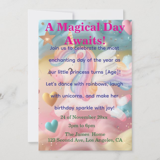 Invitación de cumpleaños mágica de unicornio (Anverso)