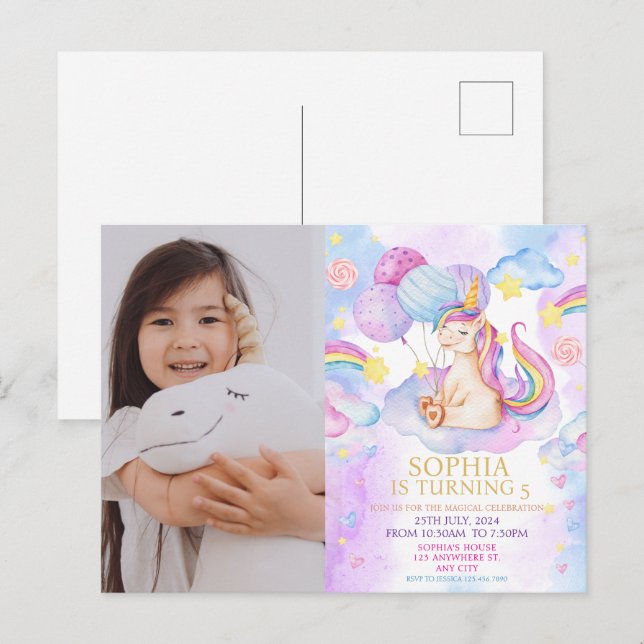 Invitación de cumpleaños mágica de unicornio con a (Anverso / Reverso)