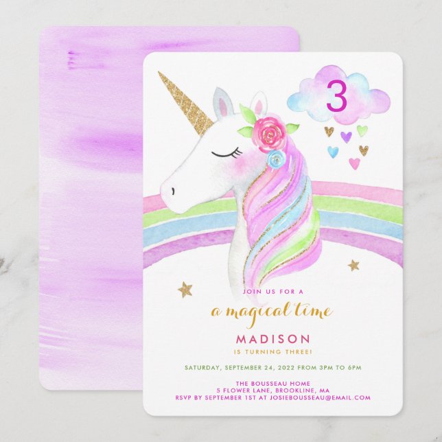 Invitación de cumpleaños mágica del arcoiris de Un (Anverso / Reverso)