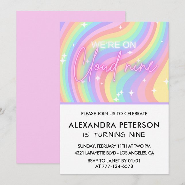 Invitación de cumpleaños mágica rosa On Cloud 9 (Anverso / Reverso)