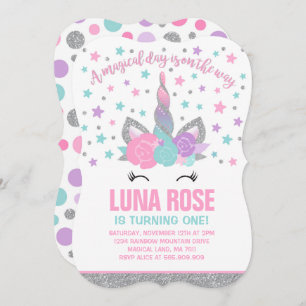 Invitación de cumpleaños magica unicornio rosa y p