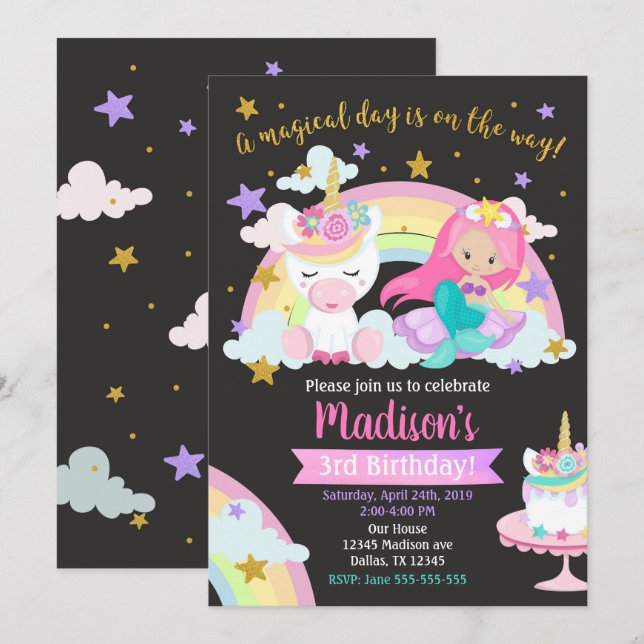 Invitación de cumpleaños mágico de Sirena y Unicor (Anverso / Reverso)