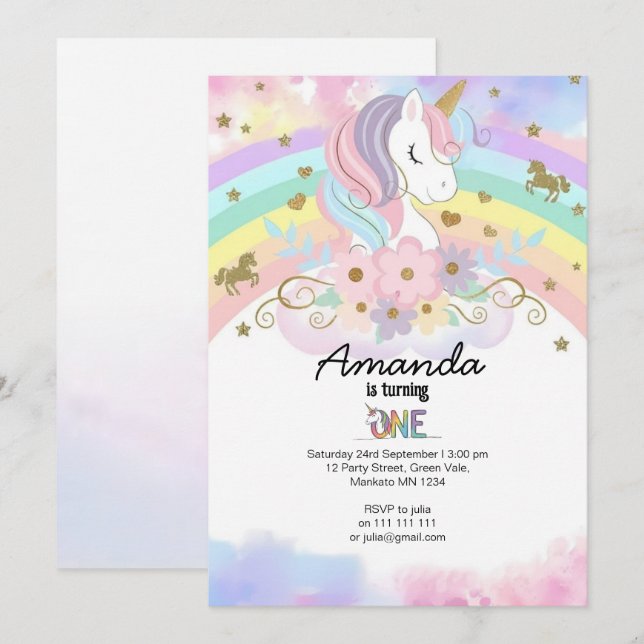 Invitación de cumpleaños mágico unicornio arcoíris (Anverso / Reverso)