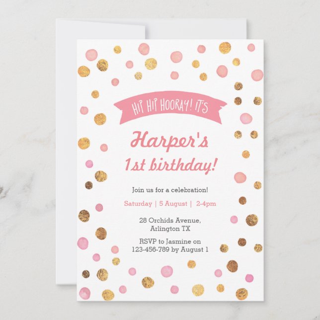 Invitación de cumpleaños | Manchas de confeti rosa (Anverso)