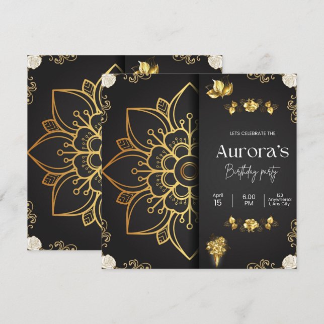Invitación de cumpleaños Mandala de Oro de Lujo y  (Anverso / Reverso)