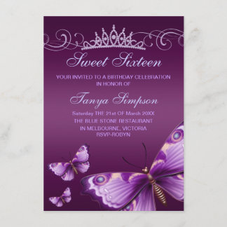 Invitación de cumpleaños Mariposa y Tiara Sweet16