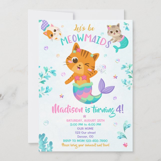 Invitación de cumpleaños Merkitten Chica fiesta má (Anverso)