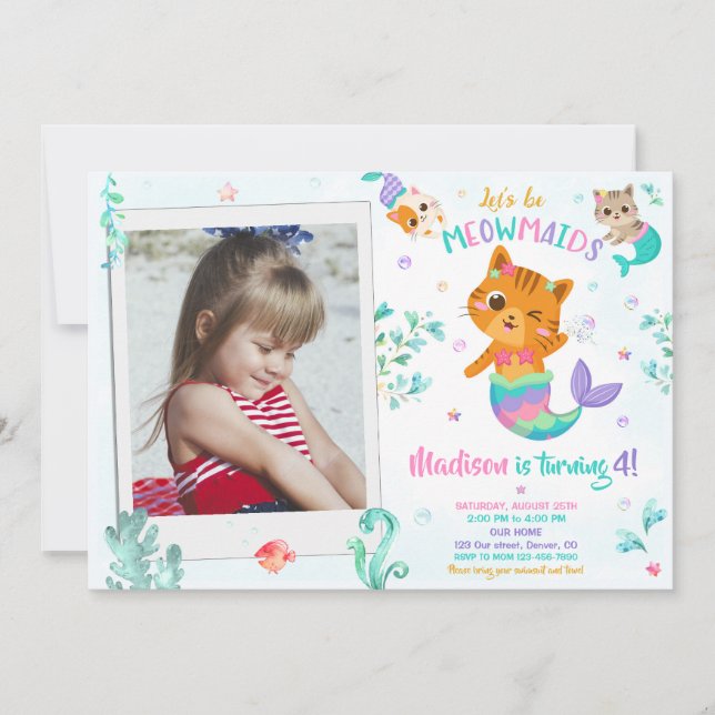 Invitación de cumpleaños Merkitten Chica foto Magi (Anverso)