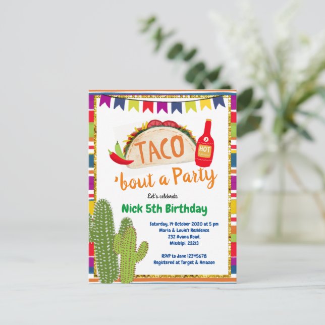Invitación de cumpleaños Mexican Taco Bout a Party (Anverso de pie)