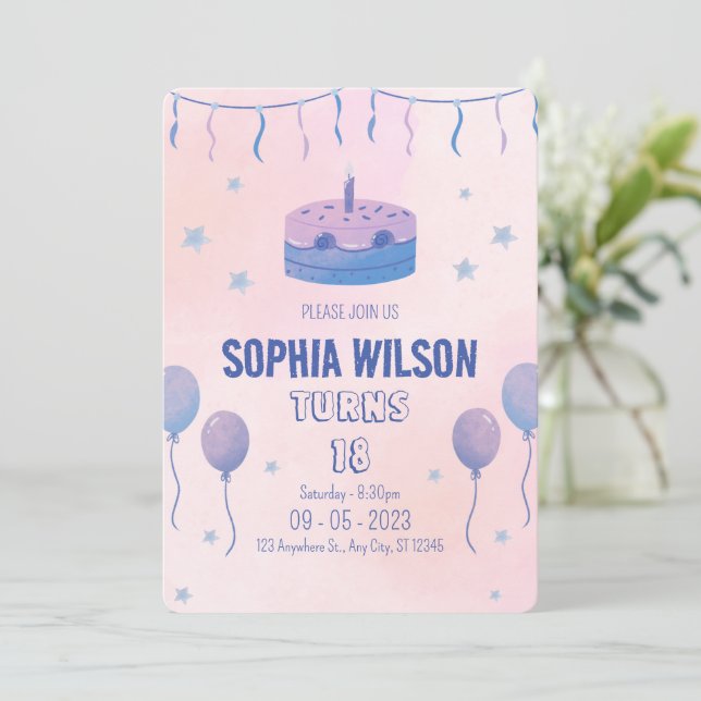 Invitación de cumpleaños minimalista adorable rosa (Anverso de pie)