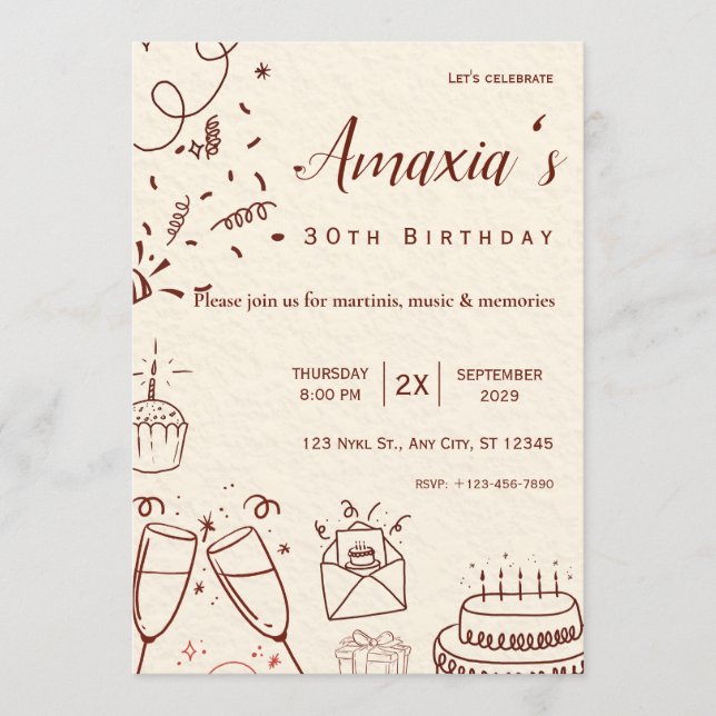Invitación de cumpleaños minimalista garabateada a (Anverso)