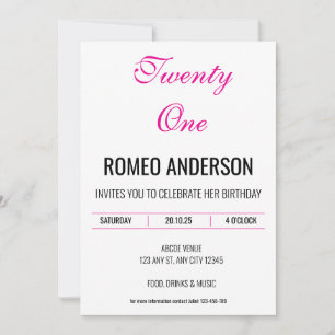 Invitación de cumpleaños Minimalista rosado negro