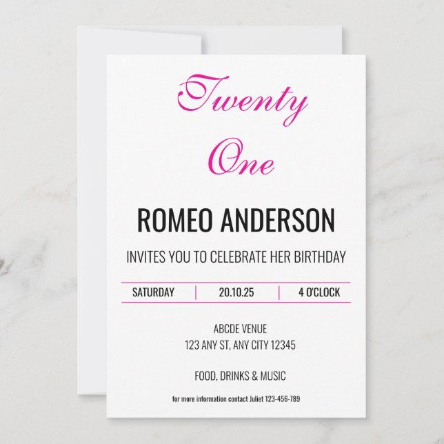 Invitación de cumpleaños Minimalista rosado negro (Anverso)