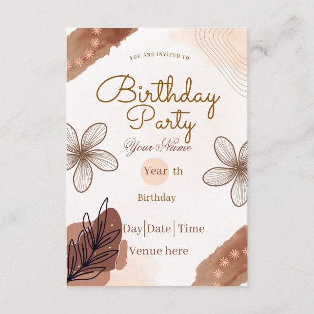 Invitación de cumpleaños minimalista terroso boho (Anverso)
